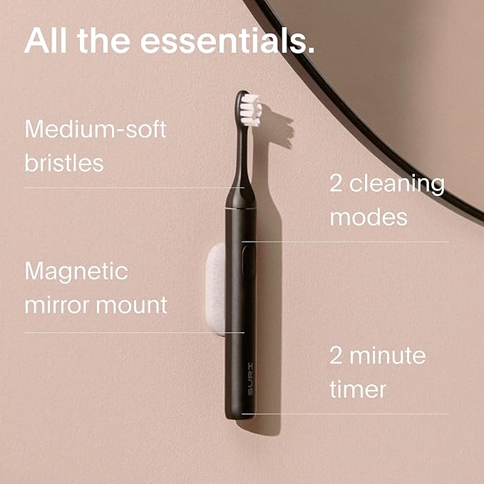 SURI 1.0 Sonic Electric Toothbrush | 1 Month+ Battery | Designed in California | Sustainable Electric Toothbrush for Adults | Travel Toothbrushes | Tooth Brush | Black