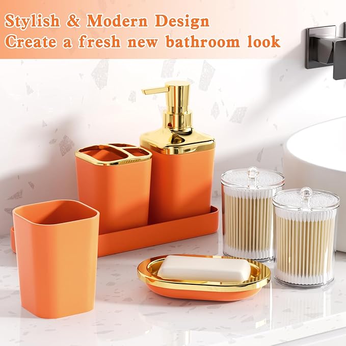 Bathroom Set - Orange Bathroom Sets with Shower Curtain and Rugs, 24PCS Shower Curtain Set with Hooks, Soap Dispenser, Soap Dish, Toilet Brush Holder and Trash Can for Housewarming