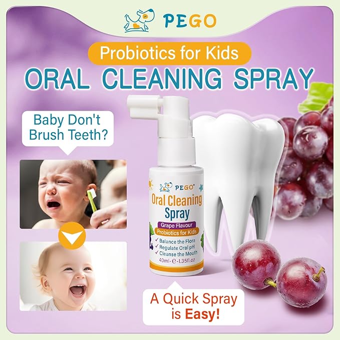 PEGO Kids Oral Spray, Toddler Toothpaste Helper for Fresh Breath，Kid's Mouth Spray with Fluoride Free for Newborn to 12 Years (2Pack, Grape)