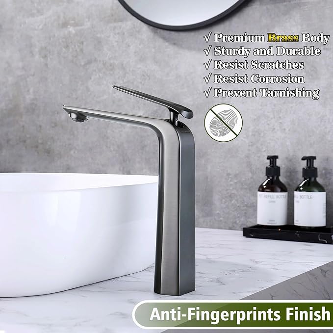 TOCALOCA Tall Bath Faucet for Vessel Sink, Gun Grey One Hole Single Handle Bathroom Faucets Brass, High Bathroom Vanity Faucet Single Lever Modern Basin Mixer Taps