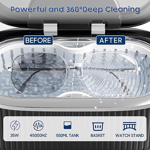 Ultrasonic Cleaner Set with Basket & Light, 304 Stainless Steel Tank, Includes 2×100ml Cleaning Solutions for Silver, Gold, Diamond Rings, Retainers, Glasses, Dentures & Watches