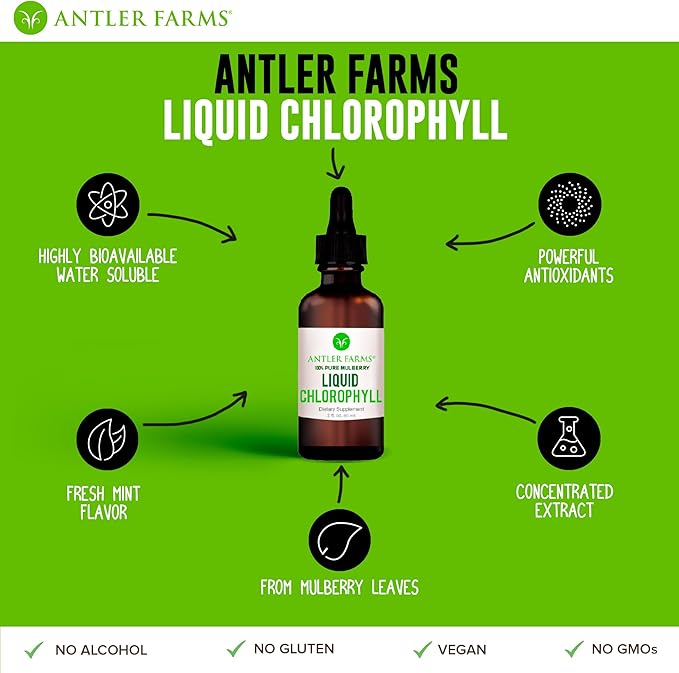 Antler Farms – 100% Natural 12,000 mg Liquid Chlorophyll Drops, Concentrated Extract 2-8X Stronger, 60 Servings, 2 oz - Immune Support, Energy Booster, Detox, Fresh Mint Flavor (Pack of 2)