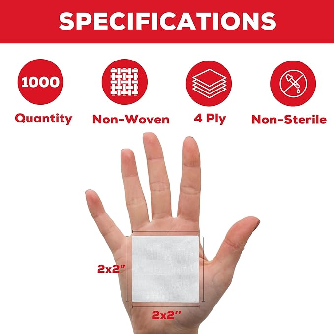 HEALQU 1000 Gauze Pads 2x2 - Soft Non-Woven 4-Ply for Tooth Extractions and Dental Procedures - Non-Sterile Square Sponges for First Aid, Surgical, & Wound Dressing (5 Packs of 200)