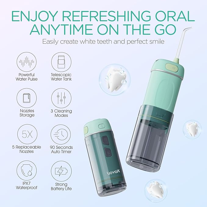 VOYOR-HEALTH Portable Water Flosser Cordless, Mini Travel Oral Irrigator with Telescopic Water Tank, IPX7 Waterproof Water Dental Flosser for Teeth Cleaning Braces & Dental Care WF510 (Light Green)