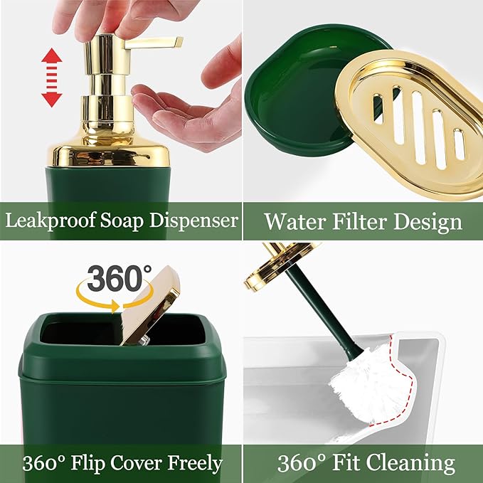 Green Bathroom Set, Bathroom Sets with Stripe Shower Curtain, Green and Gold Bathroom Accessories with Trash Can, Soap Dispenser, Soap Dish, Toilet Brush Holder, Qtip Holders for Bathroom