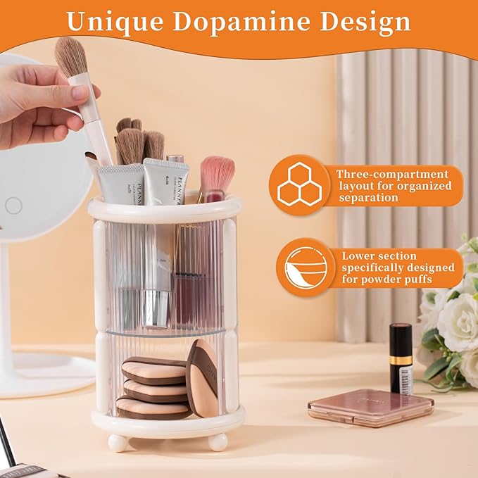 Makeup Brush Holder, 2 Tier Clear Cosmetic Tools Organizer, Round Makeup Organizer for Vanity Countertop (Milky White)