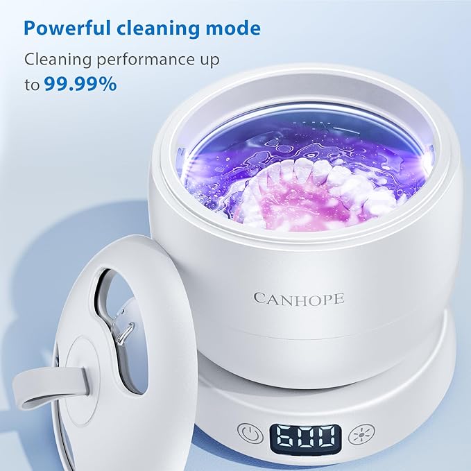 Ultrasonic Retainer Cleaner Machine, 42kHz Professional for Dentures, Aligners, Mouth Guards, Jewelry - IPX7 Waterproof Durable Removable Base and Top Cover, 3 Timer Settings, Quiet White