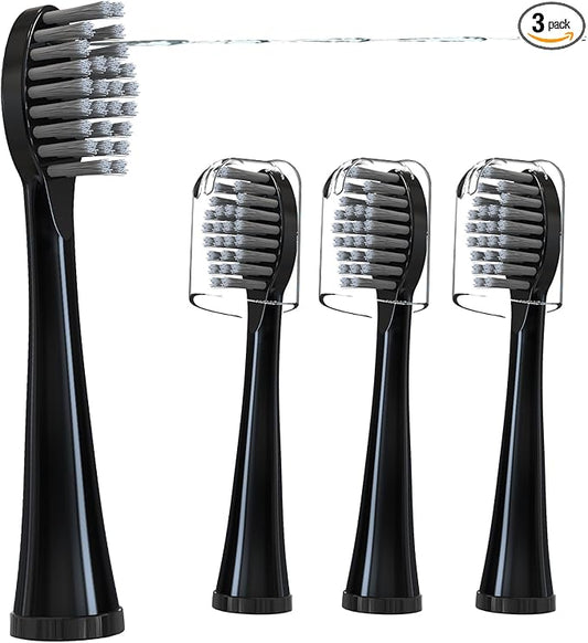 Replacement Brush Heads for 𝗪𝗮𝘁𝗲𝗿𝗽𝗶𝗸 𝐒𝐨𝐧𝐢𝐜-𝐅𝐮𝐬𝐢𝐨𝐧 2.0 Flossing Toothbrush Head fit (SF-01/ SF-02/ SF-03/ SF-04) 3 Pack Black Soft Bristles with Caps (Black-Grey, Full Size)