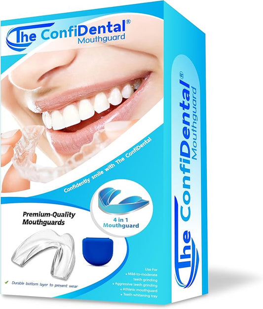 The ConfiDental - Pack of 4 Moldable Mouth Guard for Teeth Grinding Clenching Bruxism, Sport Athletic, Whitening Tray, Including 2 Regular and 2 Heavy Duty Guard (2 (LLL) Regular 2 (II) Heavy Duty)