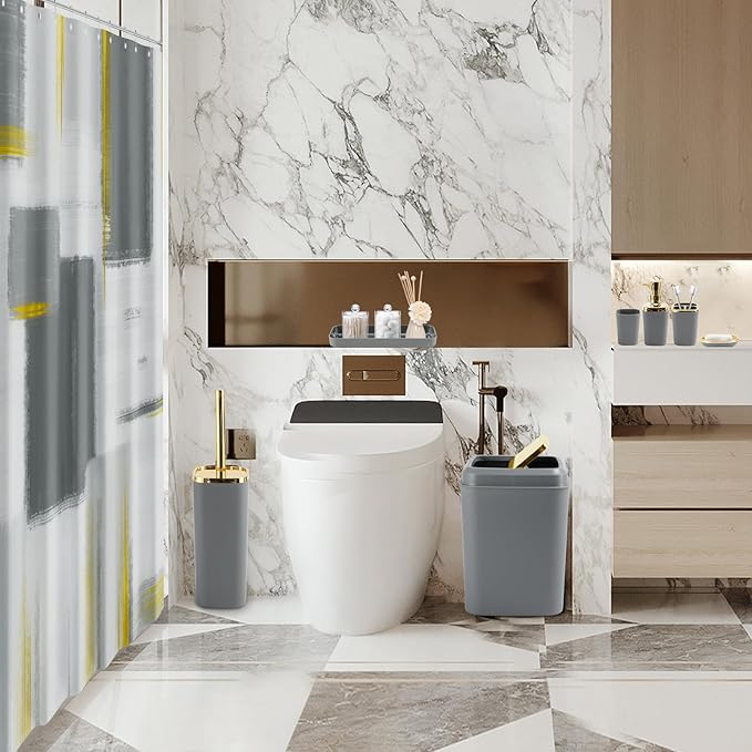 Grey Bathroom Accessories Set, Bathroom Sets with Shower Curtain, Grey Bathroom Accessories with Trash Can, Soap Dispenser, Soap Dish, Toilet Brush Holder, Qtip Holders for Bathroom