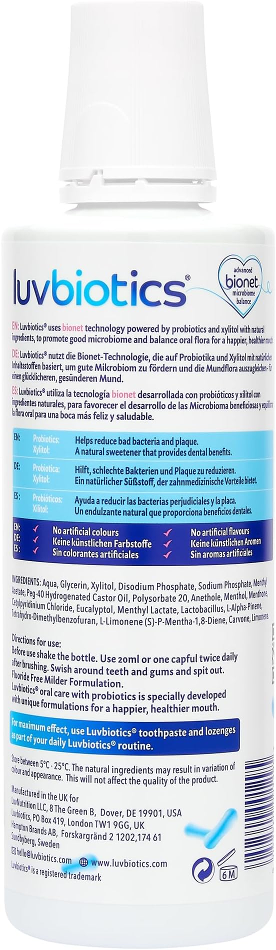 Luv Biotics Alcohol & Fluoride Free Mouthwash with Oral Probiotics, Xylitol for Fresh Breath, Gum Health & Oral Microbiome Support-500m
