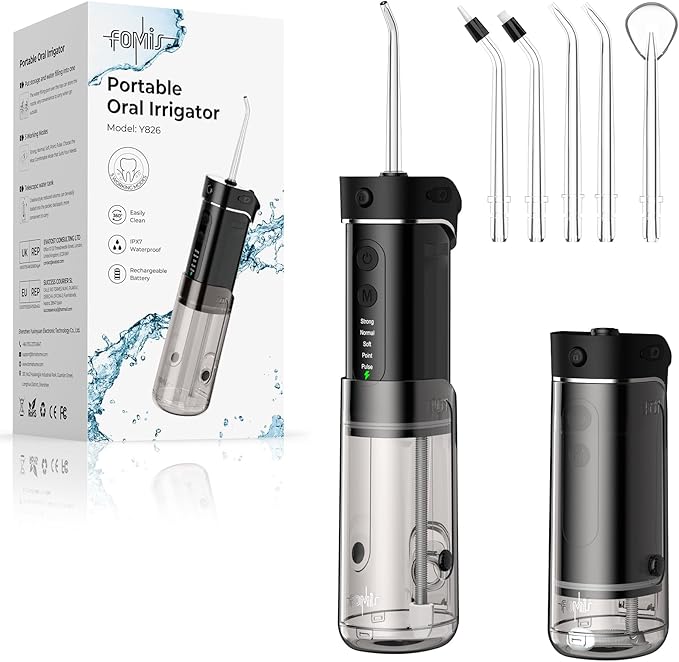 Portable Travel Water Flosser for Teeth – FOMIS Mini Water Flosser with 5 Mode, 5 Nozzles, 180ML Collapsible Tank, Smart Timer, IPX7 Waterproof Cordless Oral Irrigator for Brace & Sensitive (Black)