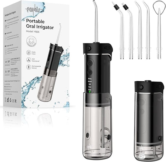 Portable Travel Water Flosser for Teeth – FOMIS Mini Water Flosser with 5 Mode, 5 Nozzles, 180ML Collapsible Tank, Smart Timer, IPX7 Waterproof Cordless Oral Irrigator for Brace & Sensitive (Black)