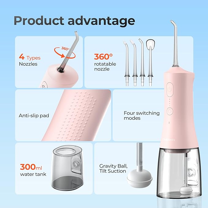 Operan Cordless Water Flossers for Teeth, 300ML Rechargeable Oral Irrigator with 4 Modes & 4 Nozzles, Portable Water Flossers for Adults, IPX7 Waterproof for Home and Travel, Pink，01Pack