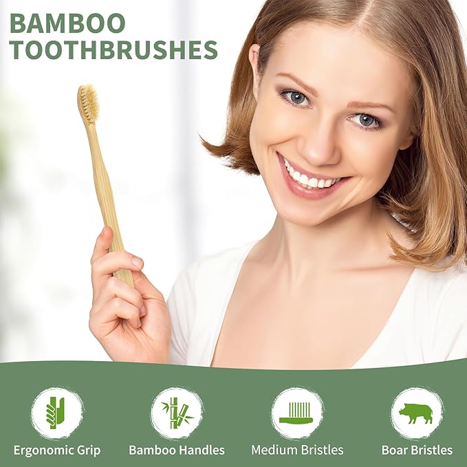 12 Pack Bamboo Toothbrushes - Natural Boar Bristle Toothbrush for Gum Health & Teeth Whitening, Wooden Organic Toothbrushes for Adults (Plastic Free)