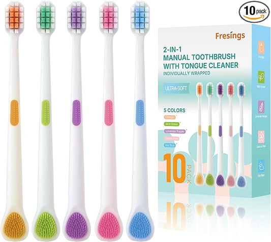 10-Pack Ultra Soft Toothbrushes for Sensitive Gums, Extra Soft Bristles, Built-in Tongue Scraper, Individually Wrapped Manual for Adults & Kids, Travel, Home, Guest, Braces, 5 Colors