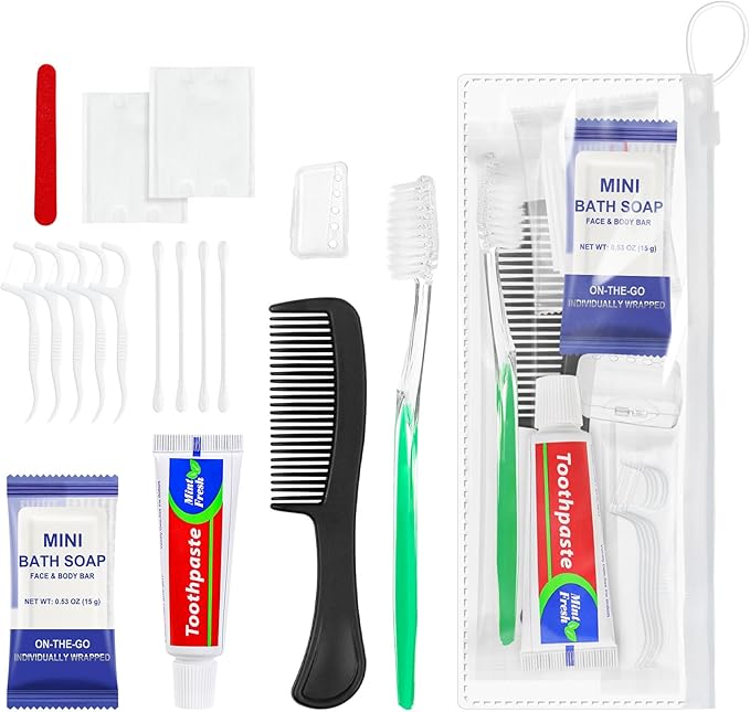 Xuezoioy 5 Sets Personal Hygiene Kit Bulk,9-in-1 Green Disposable Toothbrushes with Toothpaste Floss Comb Soap Cover and Hotel Vanity Set Basic Travel Toiletry Supplies for Homeless,Travel,Guests