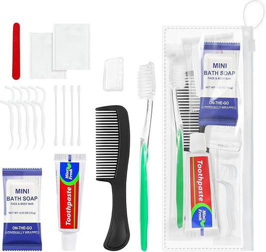 Xuezoioy 5 Sets Personal Hygiene Kit Bulk,9-in-1 Green Disposable Toothbrushes with Toothpaste Floss Comb Soap Cover and Hotel Vanity Set Basic Travel Toiletry Supplies for Homeless,Travel,Guests