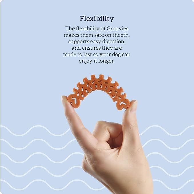 Groovies Slightly Softer, Yet Flexible Dental Chew for Senior Dogs & Delicate Chewers. Powered by USA-Patented DentalFit Tech. No Added Gluten, No Artificial Flavors or Colors. 27oz Small (96Chews)