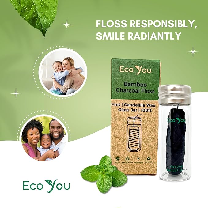 Charcoal Bamboo Floss | 1 Non Toxic Natural Floss Refill with Glass Container | Organic Mint & Candelilla Wax | Vegan & Biodegradable | Compatible with Similar Size Dental Silk Containers