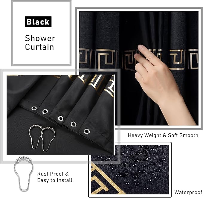 Bathroom Sets with Shower Curtain and Rugs Black Bathroom Accessories Bathroom Set,Soap Dispenser & Toilet Brush Holder Set with Stainless Steel Trash Can