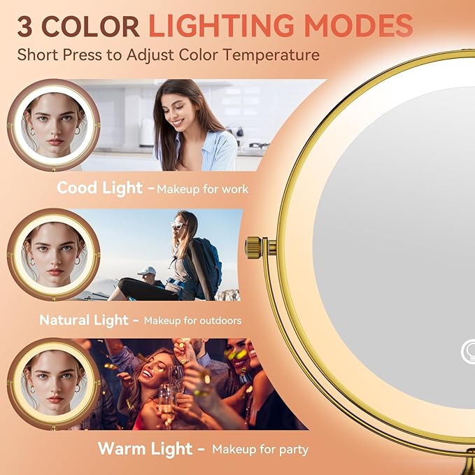 GURUN 8" Rechargeable Wall Mounted Makeup Mirror- 10X Magnifying Mirror with Light | 3 Color LED Lighting & Touch Control | 360° Rotation & Extended Arm | Dual-Sided Bathroom Mirror M1406DGJ(8",10X)