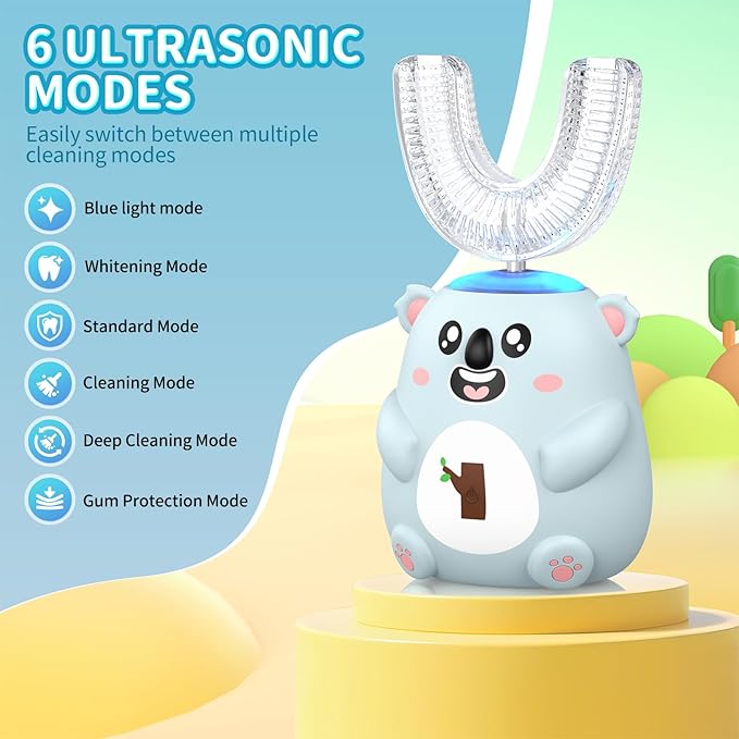 Kids U Shaped Electric Toothbrush, Automatic 360° Sonic Cleaning, 6 Modes, 4 Brush Heads, Cute Cartoon Koala Design (6-12 Age (Grey Blue))