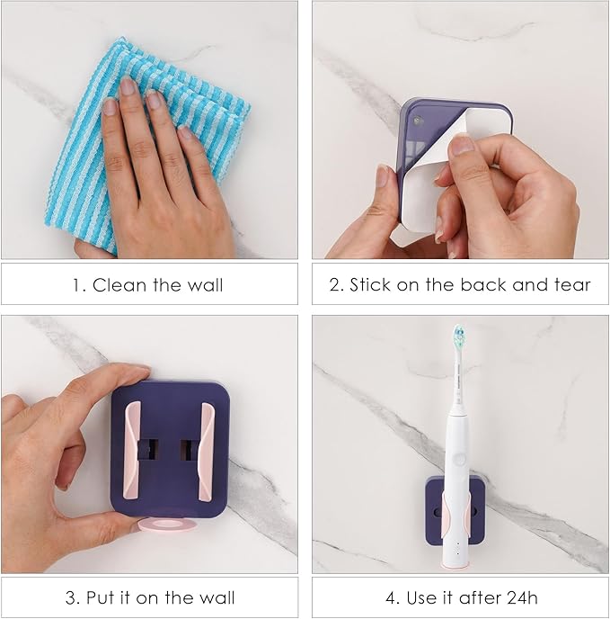 2-Pack Gravity Electric Toothbrush Holder, Wall Mounted Auto-Grip Stand with Open Drain & Charging Port, Self-Adhesive Hygienic Storage Caddy for Bathroom (Purple & Pink)