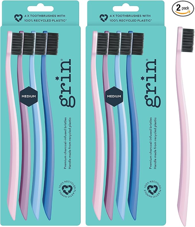 Grin Charcoal-Infused 100% Recycled Toothbrush, Medium, 4 Count (Pack of 2), Purple, Suitable for Sensitive Teeth and Gums