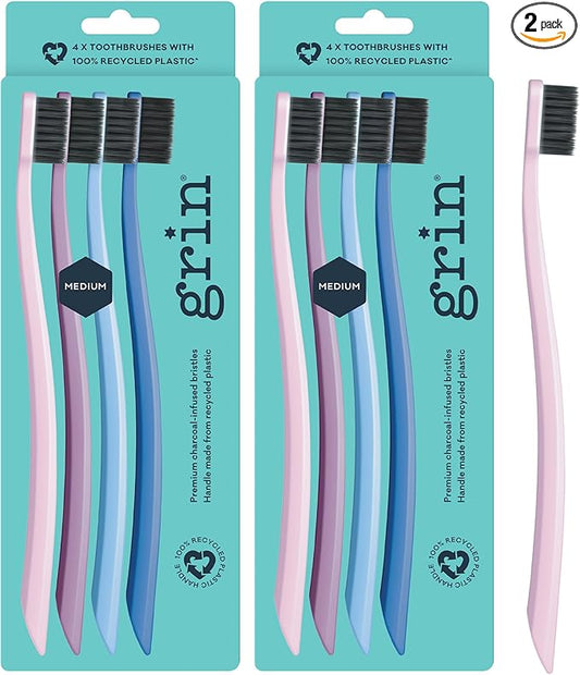 Grin Charcoal-Infused 100% Recycled Toothbrush, Medium, 4 Count (Pack of 2), Purple, Suitable for Sensitive Teeth and Gums