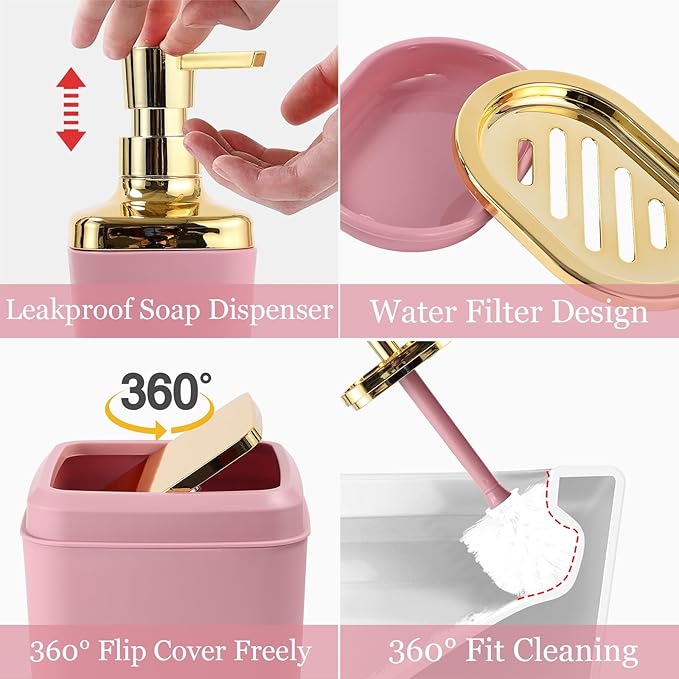 Pink and Gold Bathroom Accessories Set, Bathroom Sets with Shower Curtain, Pink Bathroom Accessories with Trash Can, Soap Dispenser, Soap Dish, Toilet Brush Holder, Qtip Holders for Bathroom