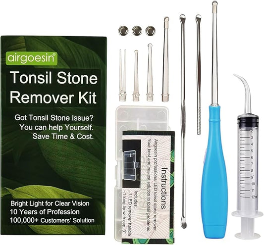 Airgoesin™ Upgraded Tonsil Stone Remover Tool, Blue, 5 Tips, Tonsillolith Pick Case + 1 Irrigator Fresh Breath Oral Rinse