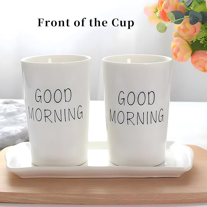 Kelake White Ceramic Tumbler Cup for Bathroom Toothpaste Toothbrush Holders Water Milk Drinks Cup 350 ml Bathroom Good Morning Couples Cup for Christmas Birthday