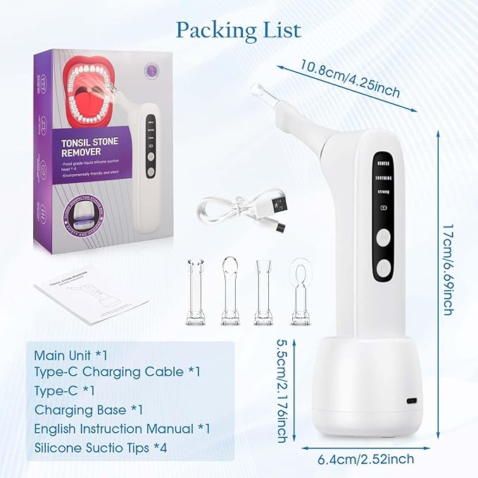 Upgraded Electronic Tonsil Stone Remover,lectronic Oral Care Cleaning Tool Set with 3-Speed Vacuum, 4 Soft Silicone Nozzles & LED Light for Fresh Breath & Comfortable Use (White)