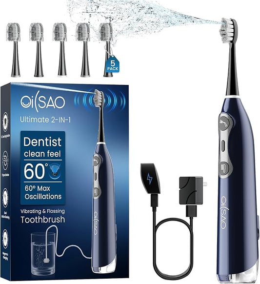 3-in-1 Flossing Toothbrush-Flosses, Vibrates and Oscillates, Electric Toothbrush with Water Flosser Equipe 5 Brush Heads, Plaque Removal for Sensitivity, Braces-Blue