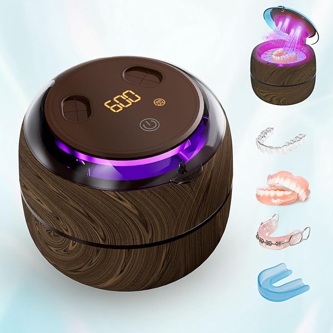 Voraiya Dental Ultrasonic Retainer Cleaner Machine, 45kHz Denture Cleaning Pod with 4 Modes Digital Timer for Aligner, Mouth Night Guard, Braces, Toothbrush, Jewelry, Ring