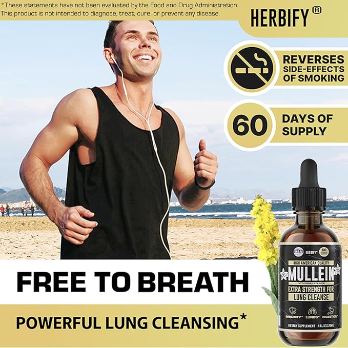 HERBIFY Mullein Drops - Lung Cleanse - Leaf Extract - Powerful Mullein for Immune Support, Detox & Respiratory Support - Made in USA - 4 Oz Vanilla Flavor