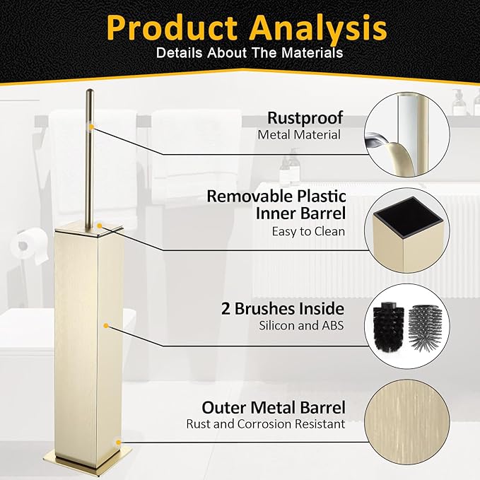 Toilet Brush and Holder Floor Standing, Brushed Gold with 2 Replaceable Heads, Bathroom Toilet Brush, Freestanding Toilet Bowl Brush with Removable Liner and Splash Guard, Modern Square Design