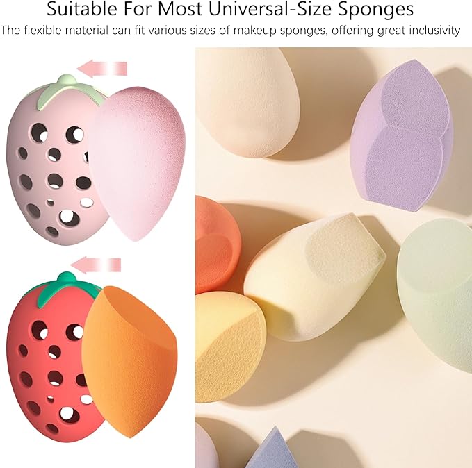 2PCS Makeup Sponge Holder for Women–Cute Strawberry Shaped Makeup Blender Holder,Double-Sided Breathable Silicone Case for Travel or Daily Use