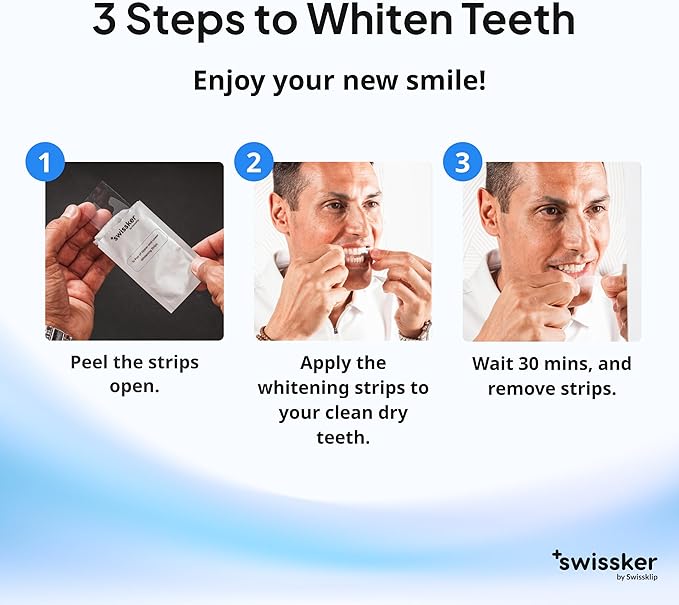 Swissklip ShineStrips Teeth Whitening Strips, Enamel Safe, Dentist Formulated, Visible Results in 2–3 Treatments, 28 Strips (14 Upper + 14 Lower)