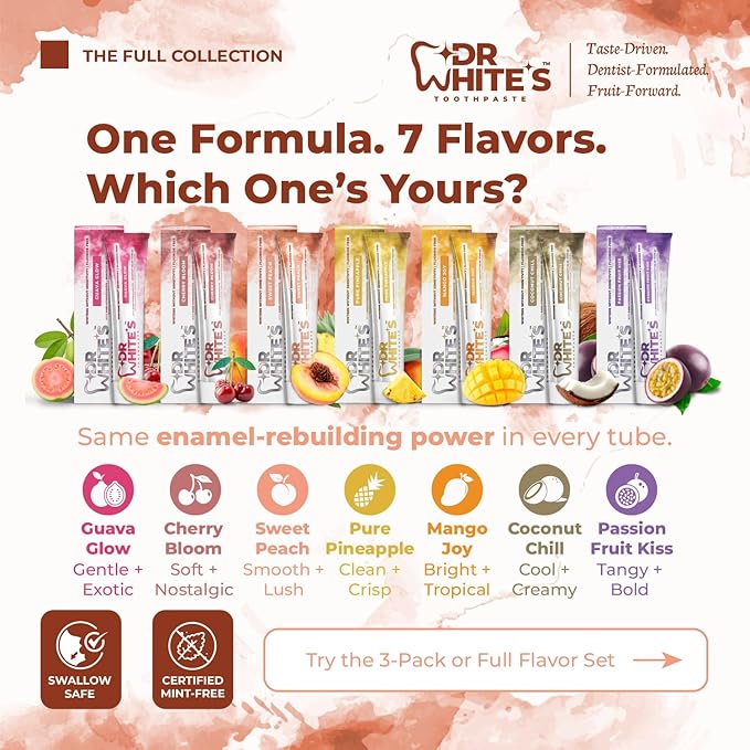 Dr. White’s Fluoride-Free nHA Toothpaste; Dentist-Formulated, Nano Hydroxyapatite + Xylitol, Sensitivity Relief Complex™, Mint-Free, Enamel Safe, Swallow-Safe (3.5 Oz, Sweet Peach)