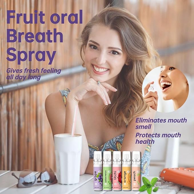 5PCS Oral Breath Spray, Natural Fresh Fruit Breath Freshener Spray, Portable Refreshing Cool Fresh Mint Dry Mouth Spray Bad Breath Treatment Oral Odor Care Spray for Adults