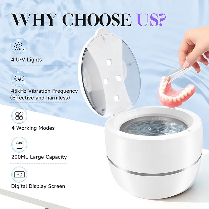 2025 Ultrasonic Retainer Cleaner Machine for Dentures - 45kHz Retainer Cleaner Machine for Mouth Guards, Braces, Toothbrush Heads, Jewelry with 200ML Capacity, 24W & 4 Modes for All Dental Appliances
