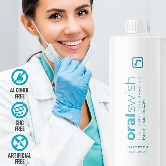 BRIOTECH Oral Swish, Hypochlorous Acid Mouthwash Rinse, Gentle Oral Care Hygiene, Fight Bad Breath, Support Against Plaque, Gum Irritation & Tender Gums, Alcohol & Fluoride Free, 32 fl oz (2 Pack)