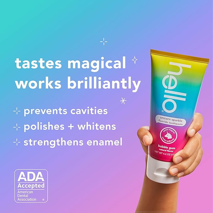 hello Unicorn Sparkle Kids Toothpaste with Fluoride, Bubble Gum Toothpaste, 4.2 Oz Tube (Pack of 3)