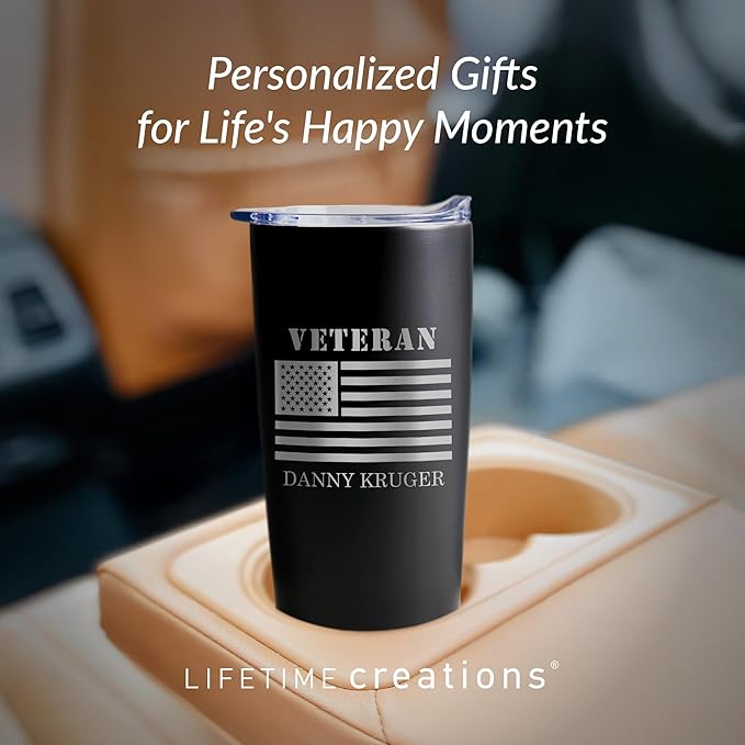 Lifetime Creations Engraved Personalized Veteran Tumbler 20 oz (Black) with American Flag - Custom Veteran Gift for Veterans Day Event, Insulated Stainless Steel Coffee Travel Mug