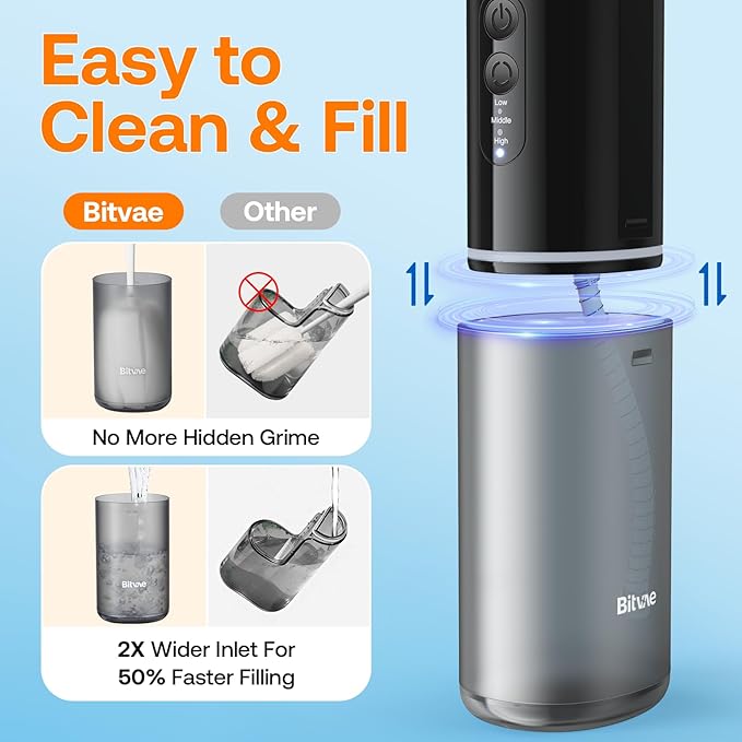 Bitvae P1 Water Dental Flosser, Travel Water Teeth Picks, Cordless Mini Water Cleaner Picks with Telescopic Water Tank, IPX7 Waterproof Flossing Cleaning Picks, Brace & Sensitive Teeth Care, Black