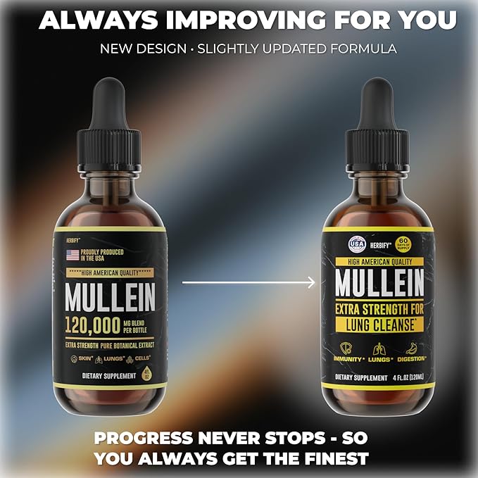 HERBIFY Mullein Drops - Lung Cleanse - Leaf Extract - Powerful Mullein for Immune Support,Detox & Respiratory Support - Made in USA - Lung Cleanse for Smokers - 4 Oz