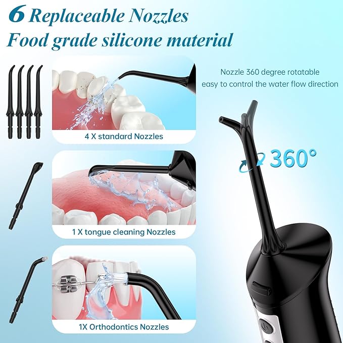 Water Flosser for Teeth 300ML Cordless,Portable Water Dental Floss Pick IPX7 Waterproof 5 Modes & 6 Jet Tips Noise<70db, Water Picks for Teeth Cleaning and Flossing, Braces, Gums,Oral Care