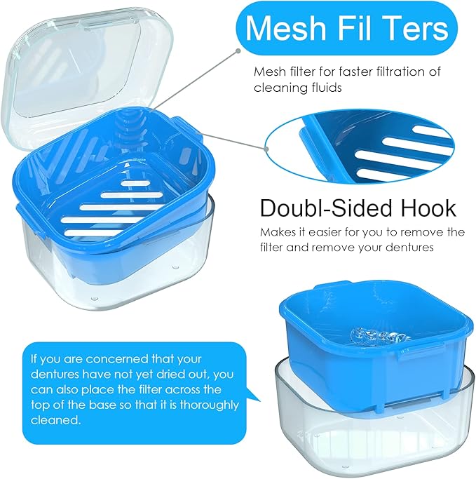 ARGOMAX Denture Case, Denture Cup for Soaking Dentures(Not Leak-Proof), Thorough Cleaning of Dentures, Retainer, Mouthguards, Clear Braces (Light Blue).